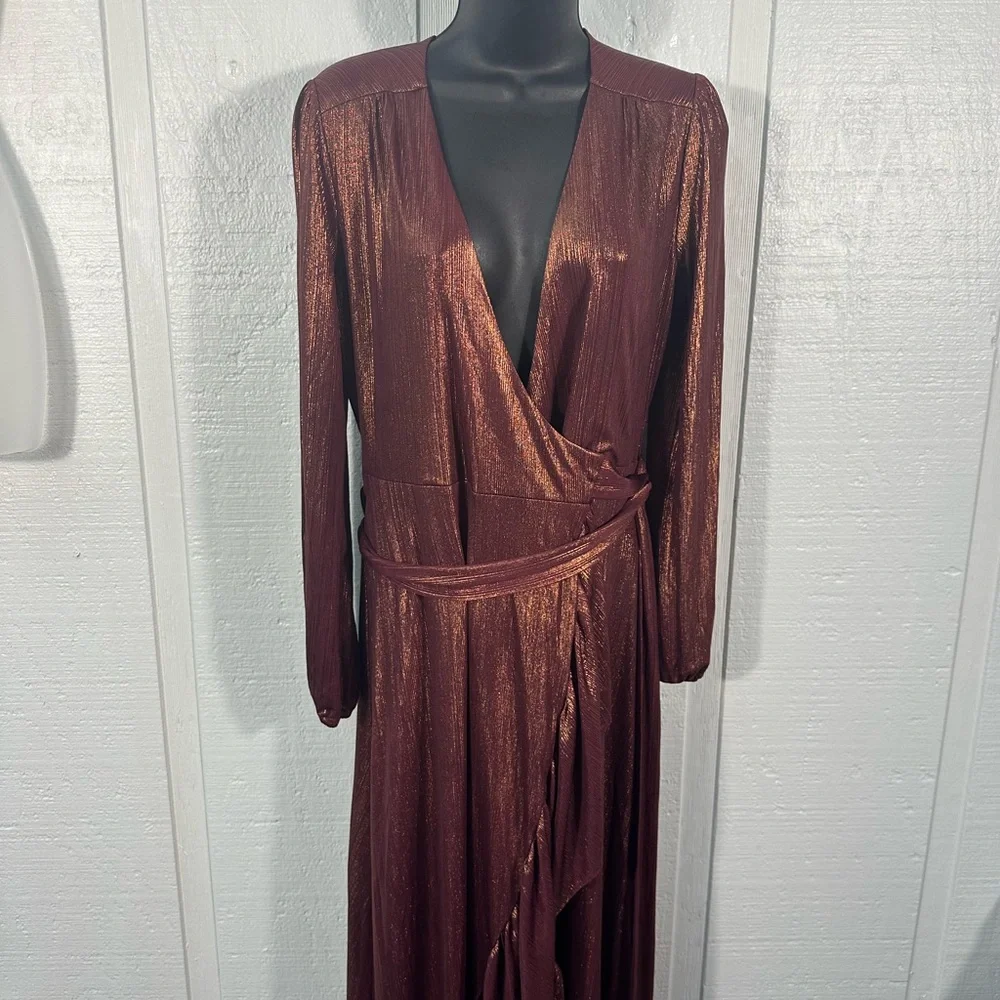 WAYF Women’s Meryl Long-Sleeve V Neck Metallic Wrap Long Sleeve Dress SZ XS NWT - Picture 4 of 14